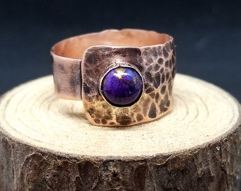 Textured Antique Copper Ring with 6 mm Purple Copper Cabochon, minimalist ring, graduation gift, channel ring
