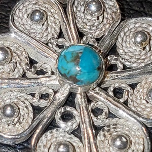 Handmade Sterling Silver .925 Filigree Flower Pendant with Granulation and 4mm Turquoise Cabochon image 5
