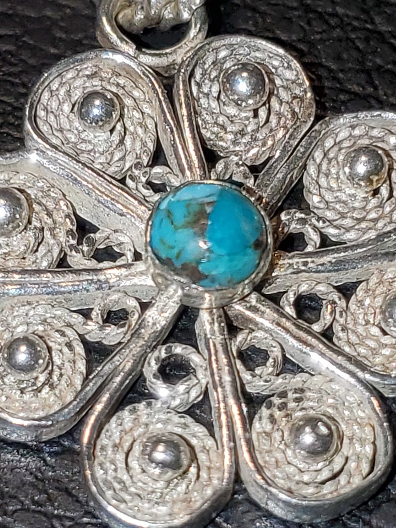 Handmade Sterling Silver .925 Filigree Flower Pendant with Granulation and 4mm Turquoise Cabochon image 5