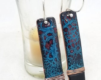 Reversible Blue Organic Crackle Enamel with Opaque Black and Red Enamel Earrings, Vitreous Enamel on Metal, Handmade, Kiln-Fired Enamel