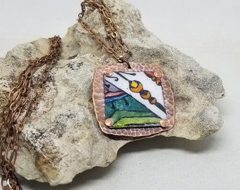 Colorful Hand-Painted Enamel on Copper Square Textured Pendant