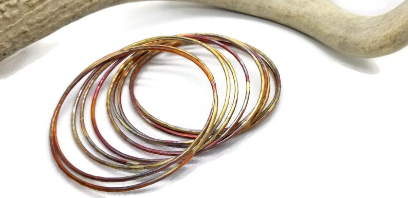 Stacking Ultra Slim Hammered Copper Bangles, Flame Painted Copper, set of bangles, wire bangles, delicate copper bangles, graduation gift, image 5