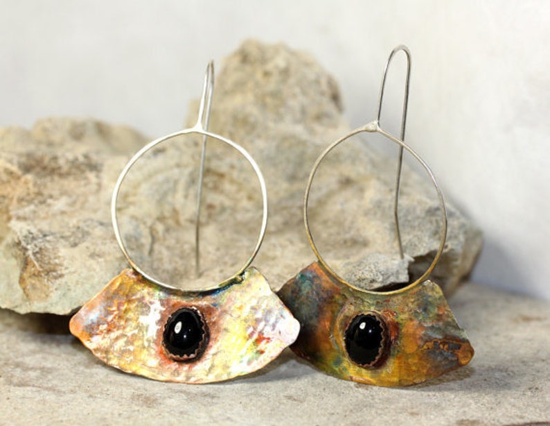 Iridized Textured Copper /& Onyx Earrings with Sterling Accents