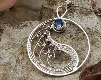 Handmade Fine Silver .999 Filigree Yin Yang Pendant with Granulation and Azotic® Galazio Blue Topaz 6mm Round Faceted Gemstone