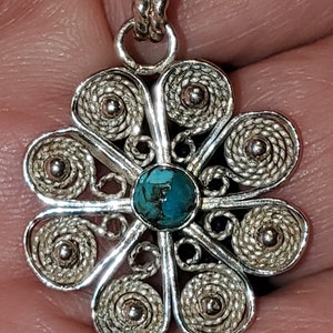 Handmade Sterling Silver .925 Filigree Flower Pendant with Granulation and 4mm Turquoise Cabochon image 2