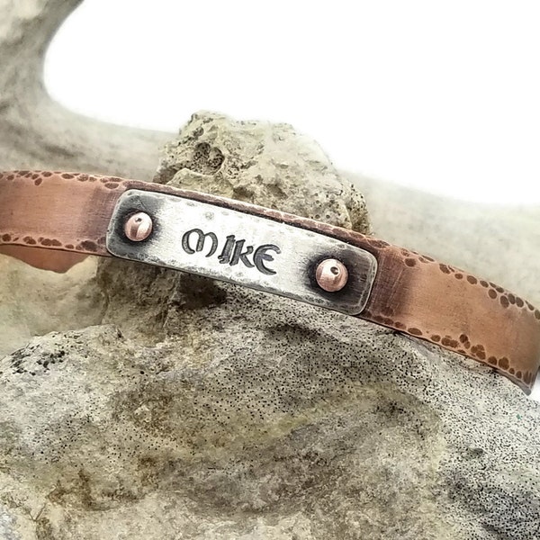 Simple 3/8" Distressed Copper Name Cuff, personalized cuff, Celtic font, Gift for him, Hand Stamped Bracelet, inspirational jewelry, rustic