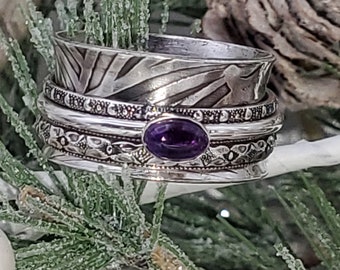 Sterling Silver and Oval Amethyst Cabachon Multi-Band Meditation Ring, 925 fidget ring, puzzle ring, Anxiety aid, PTSD aid, thumb ring