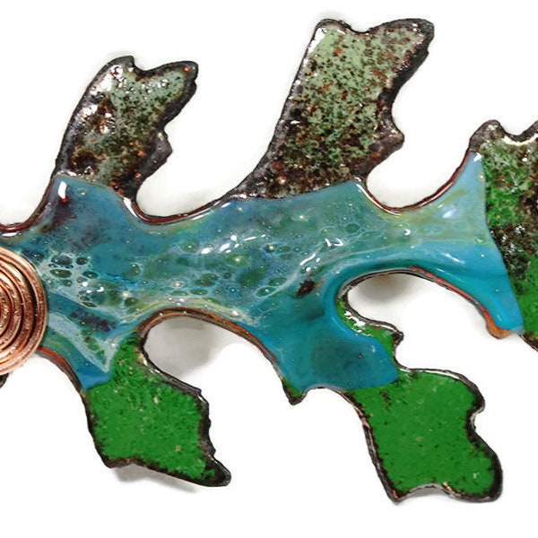 Fallen Oak enamel on copper pendant, vitreous enamel jewelry