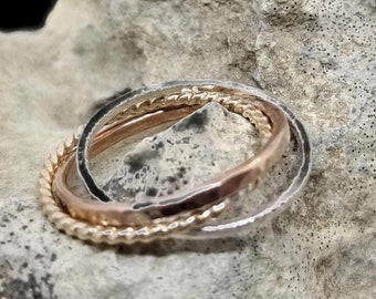 Hammered Tri-Colored Slim Stacking Infinity Rings 2, Delicate ring, puzzle ring, summer ring, mixed metal ring,, graduation gift