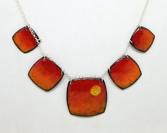 Bright Geometric Orange-Red Enamel necklace, Vitreous Enamel on Metal, Handmade, Kiln-Fired Enamel