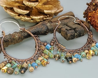 Bohemian Hoop Earrings with Copper Wire and Picasso Glass Fringe, beaded hoop earrings, handmade large festive earrings