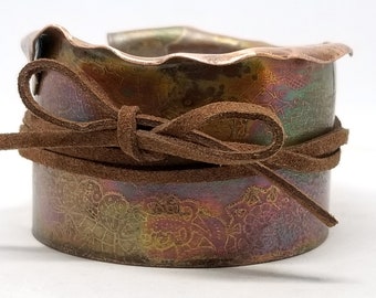 Leather and Lace Copper Cuff, unique flame painted copper cuff, bold rustic cuff, graduation gift