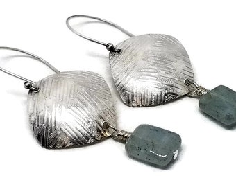 Sterling Silver & Aquamarine Earrings, Textured silver earrings, Graduation gift, Sterling and stone earrings,  Anniversary gift