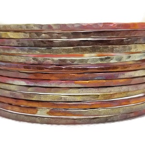 Stacking Ultra Slim Hammered Copper Bangles, Flame Painted Copper, set of bangles, wire bangles, delicate copper bangles, graduation gift, image 1