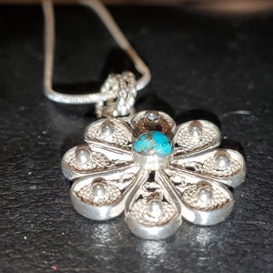 Handmade Sterling Silver .925 Filigree Flower Pendant with Granulation and 4mm Turquoise Cabochon image 6