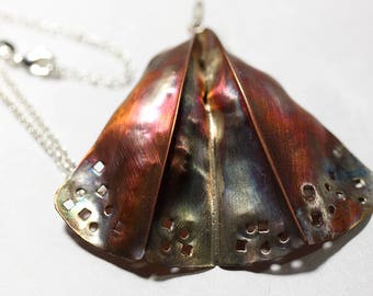 Fold formed Flame-Painted Copper Pendant, Fan pendant, Copper Shell Pendant