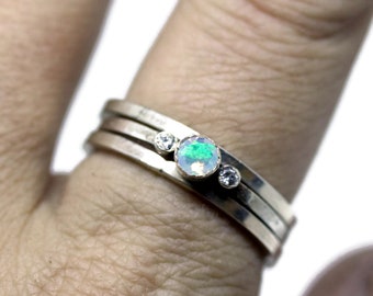 Sterling, Opal & Moissanite Stacking Ring Set, Engagement Ring, Wedding Ring, Gift for Anniversary, Mother's Ring