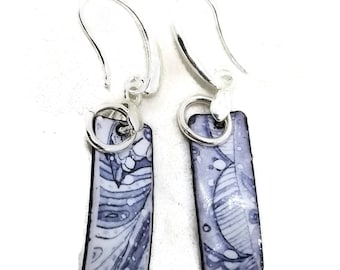 Delft Blue and Silver Enamel Earrings, Vitreous Enamel on Metal, Handmade, Kiln-Fired Enamel