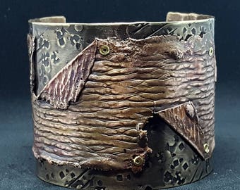 Copper & Brass Statement Cuff, unique flame painted copper cuff, bold rustic cuff, graduation gift