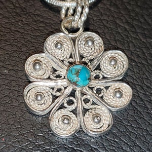 Handmade Sterling Silver .925 Filigree Flower Pendant with Granulation and 4mm Turquoise Cabochon image 4