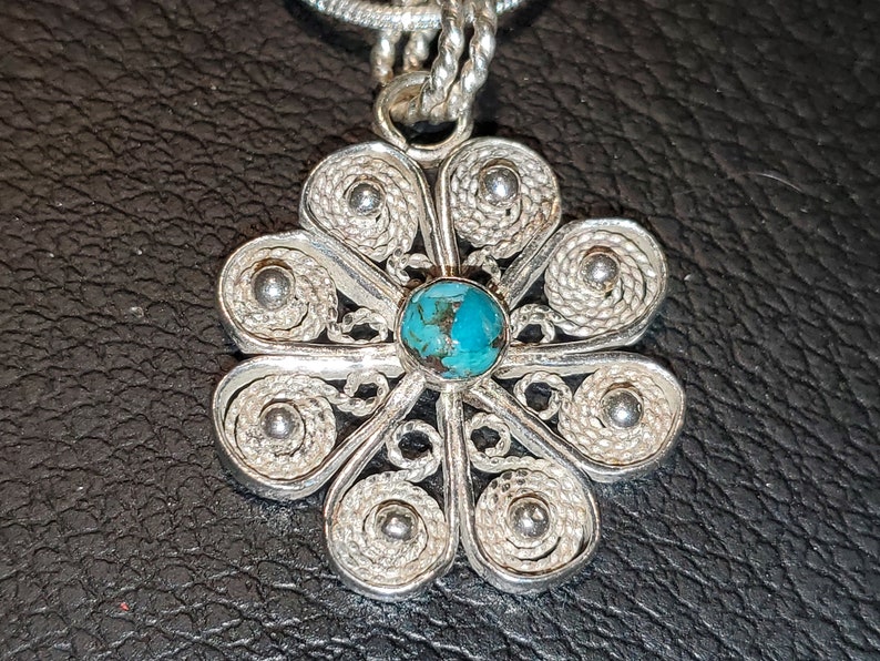 Handmade Sterling Silver .925 Filigree Flower Pendant with Granulation and 4mm Turquoise Cabochon image 4