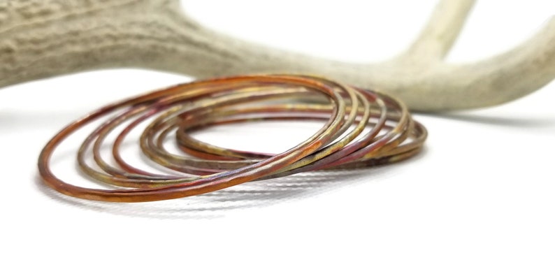 Stacking Ultra Slim Hammered Copper Bangles, Flame Painted Copper, set of bangles, wire bangles, delicate copper bangles, graduation gift, image 4
