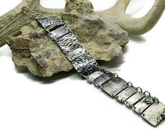 Sterling silver bracelet, linked bracelet, textured metal, metal jewelry, Wearable art, Panel Bracelet, statement bracelet, bits and pieces