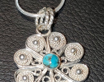 Handmade Sterling Silver .925 Filigree Flower Pendant with Granulation and 4mm Turquoise Cabochon