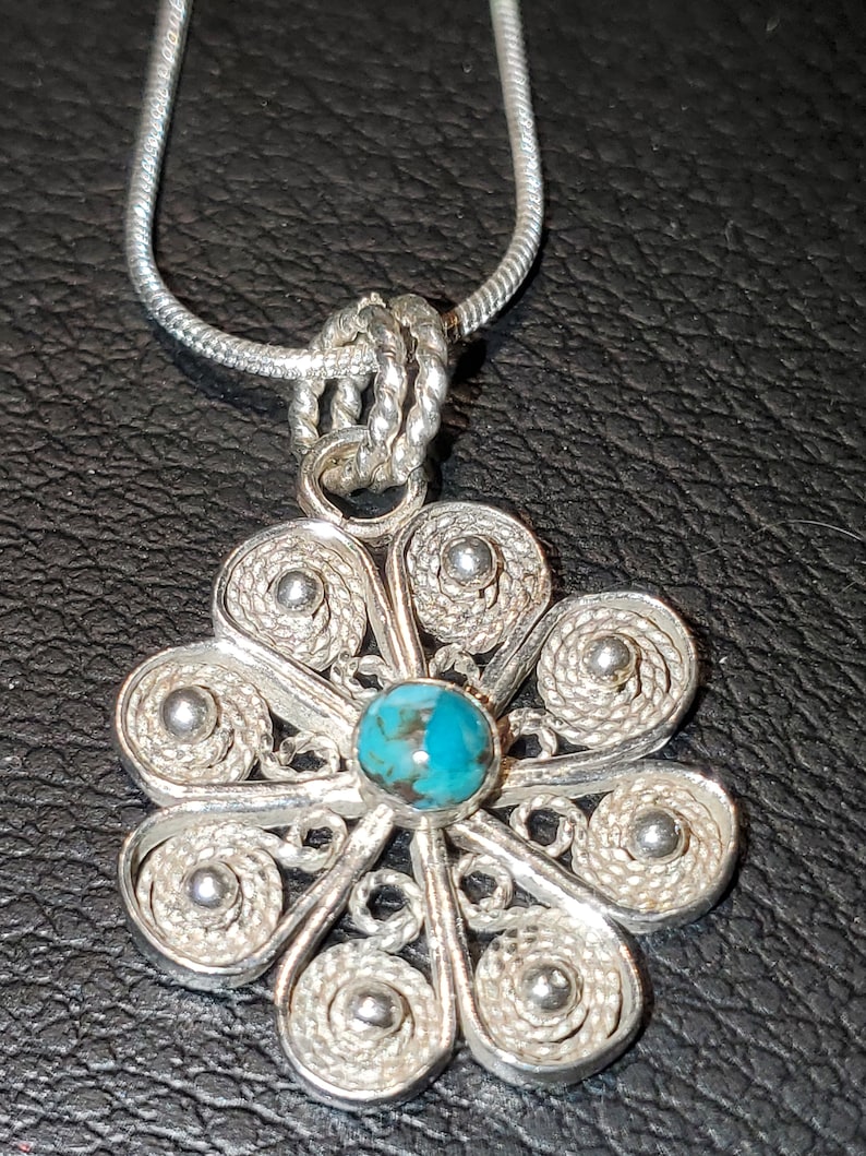 Handmade Sterling Silver .925 Filigree Flower Pendant with Granulation and 4mm Turquoise Cabochon image 1