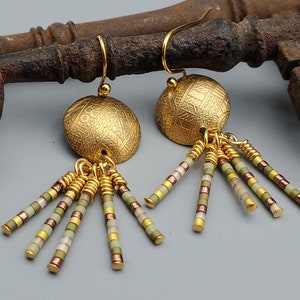 Etched Burnished Satin Brass Earrings with Colorful Delica Tassels, boho metal earrings, gift for grad, handmade brass earrings
