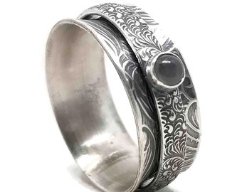 Slim Sterling Silver Floral and Fern Spinner Ring, fidget ring, puzzle ring, Anxiety aid, PTSD aid, thumb ring