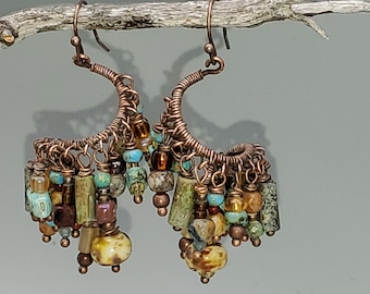 Bohemian Spiral Earrings with Copper Wire and Picasso Glass Fringe, beaded Spiral earrings, handmade large festive earrings