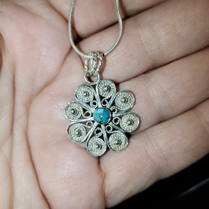 Handmade Sterling Silver .925 Filigree Flower Pendant with Granulation and 4mm Turquoise Cabochon image 3