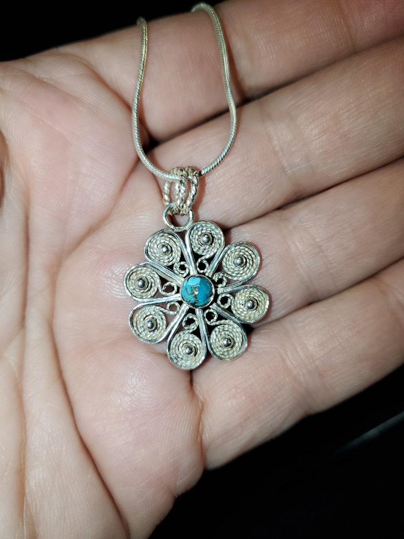 Handmade Sterling Silver .925 Filigree Flower Pendant with Granulation and 4mm Turquoise Cabochon image 3