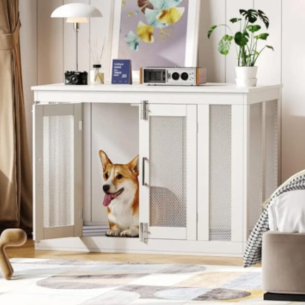 Toren hondenhuismeubilair met matten, dubbele deur, houten kenneltafel, bijzettafel hondenhuismeubilair, hondenkooi voor binnen