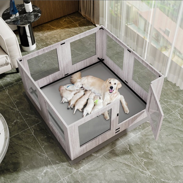 Gehärtetes Glas-Hundewelpen-Laufstall für Indoor-Haustier-Welpen-Übungs-Zaun-Kastenkäfig mit wasserdichtem Fruchtbarkeitskissen
