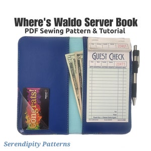 May include: A blue server book with a guest check, cash, and a pen. The book has a pocket for a gift card. The text on the guest check reads "GUEST CHECK" and has a space for the date, table number, guests, server, and a list of items ordered. The text on the gift card reads "Congrats!" and has the Walmart logo. The book has a blue and white patterned design.