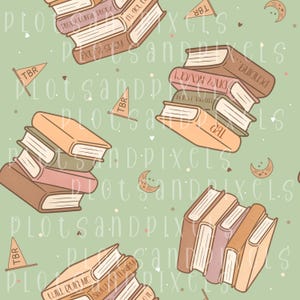 May include: A repeating pattern of stacked books in shades of brown, pink, and peach, with the text "TBR" on small flags. The background is a light green color with small hearts and crescent moon shapes.