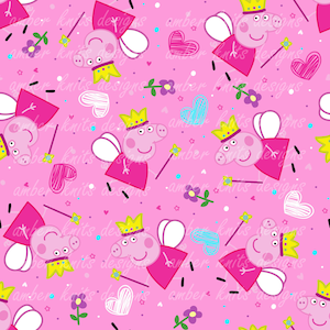 May include: A pink background with a repeating pattern of a cartoon pig wearing a crown and fairy wings. The pig is pink with a yellow crown and white wings. The background is covered in pink hearts, stars, and flowers.