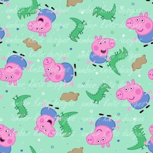 May include: A repeating pattern featuring pink pig characters in blue dresses and green dinosaur illustrations on a light green background. The design includes brown cloud shapes and small white stars.