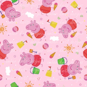 Archivo sin costuras con cerdito de playa, verano, repetición por sublimación, helado, castillos de arena, impresión de tela personalizada, creaciones de tela personalizadas