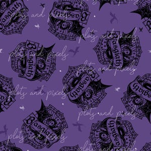 May include: A repeating pattern on a purple background features black crests with the word "Basgiath" on a banner. The phrase "ploty and pixely" is written in a cursive font. Small dragon and star illustrations are scattered throughout the design.