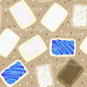 May include: A seamless pattern featuring various frosted and decorated toast squares. The toast squares are decorated with sprinkles, blue swirls, and white dots. The background is a light brown color with white and brown dots.