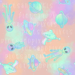 Könnte beinhalten: Ein sich wiederholendes Muster mit Illustrationen von Außerirdischen, Planeten, Laserpistolen und fliegenden Untertassen in Pastelltönen. Der Hintergrund ist eine Mischung aus Rosa, Orange und Blau. Der Text "plotsandpixels" wiederholt sich.