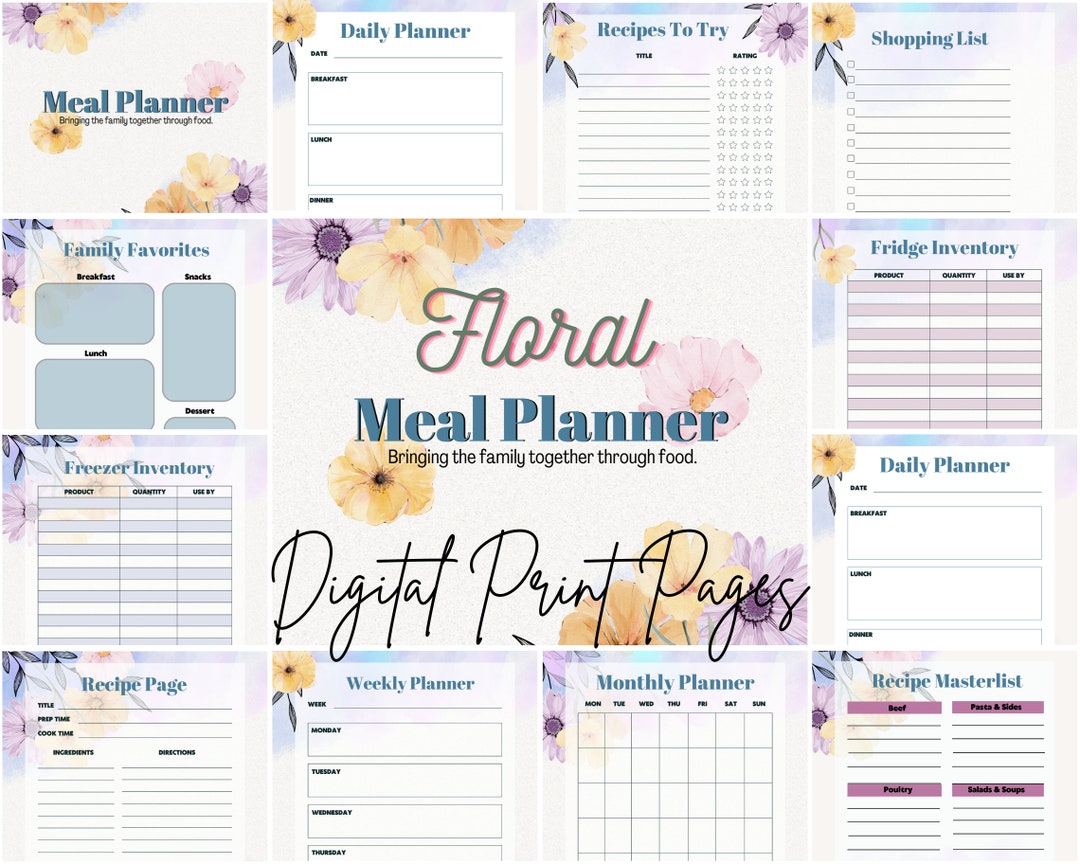 Floral Meal Planner Digital Print Pages and Editable Canva Template - Etsy