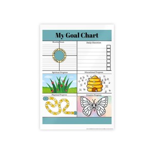 May include: A printable goal chart with a blue background and colorful illustrations. The chart is divided into sections for monthly goals, daily checklist, spiritual progress, educational progress, physical progress, and creative progress. The chart includes a circle for monthly goals, a checklist, a beehive, a butterfly, a grass patch with ladybugs, and a winding path.