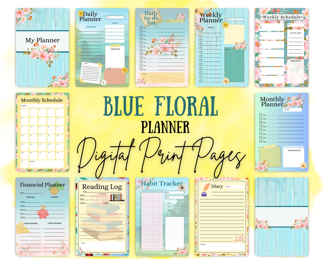 Blue Floral Planner Digital Print Pages and Editable Canva Template - Etsy