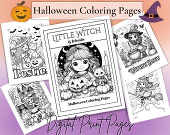Puede incluir: Una colección de páginas para colorear con temática de Halloween que presentan ilustraciones de brujas, gatos, calabazas y escenas espeluznantes. Las páginas se titulan "Bestie", "Little Witch & Friends" y "Witch's Brew". También se ven las palabras "Halloween Coloring Pages" y "Digital Print Pages".