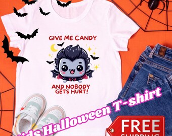 "Kinder Halloween Vampir T-Shirt - ""Give me candy"" Graphic Tee."