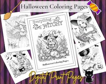 Puede incluir: Un conjunto de páginas para colorear de Halloween imprimibles con brujas, pociones y otros elementos espeluznantes. El título del conjunto es "Everything Witchy" y el texto "Digital Print Pages" también está incluido.